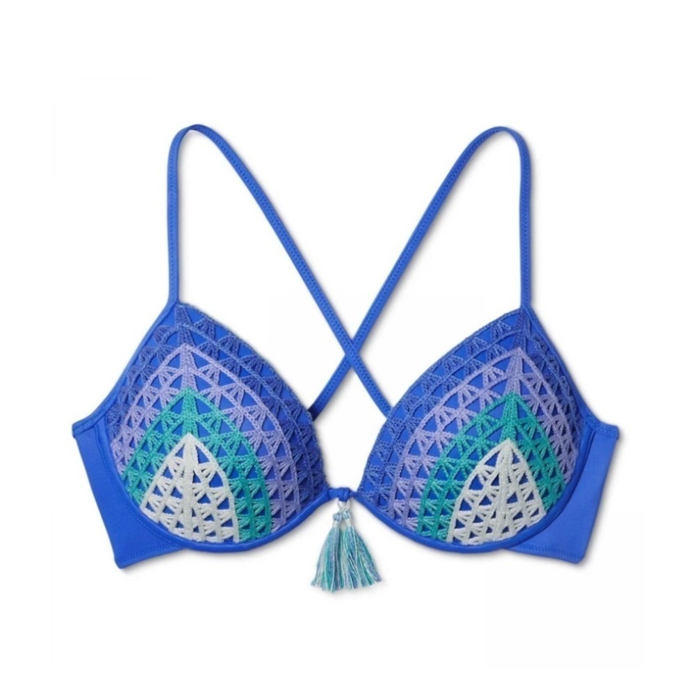 🌺Shade & shore blue crochet bikini top 38B tassel